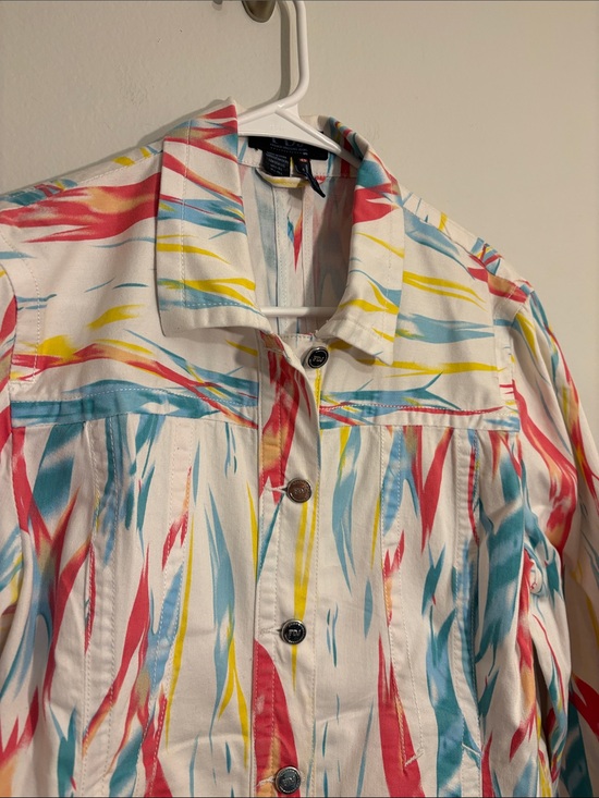 FDJ Jackets & Blazers - FDJ Printed Jean Jacket in White with Coral Teal Accents